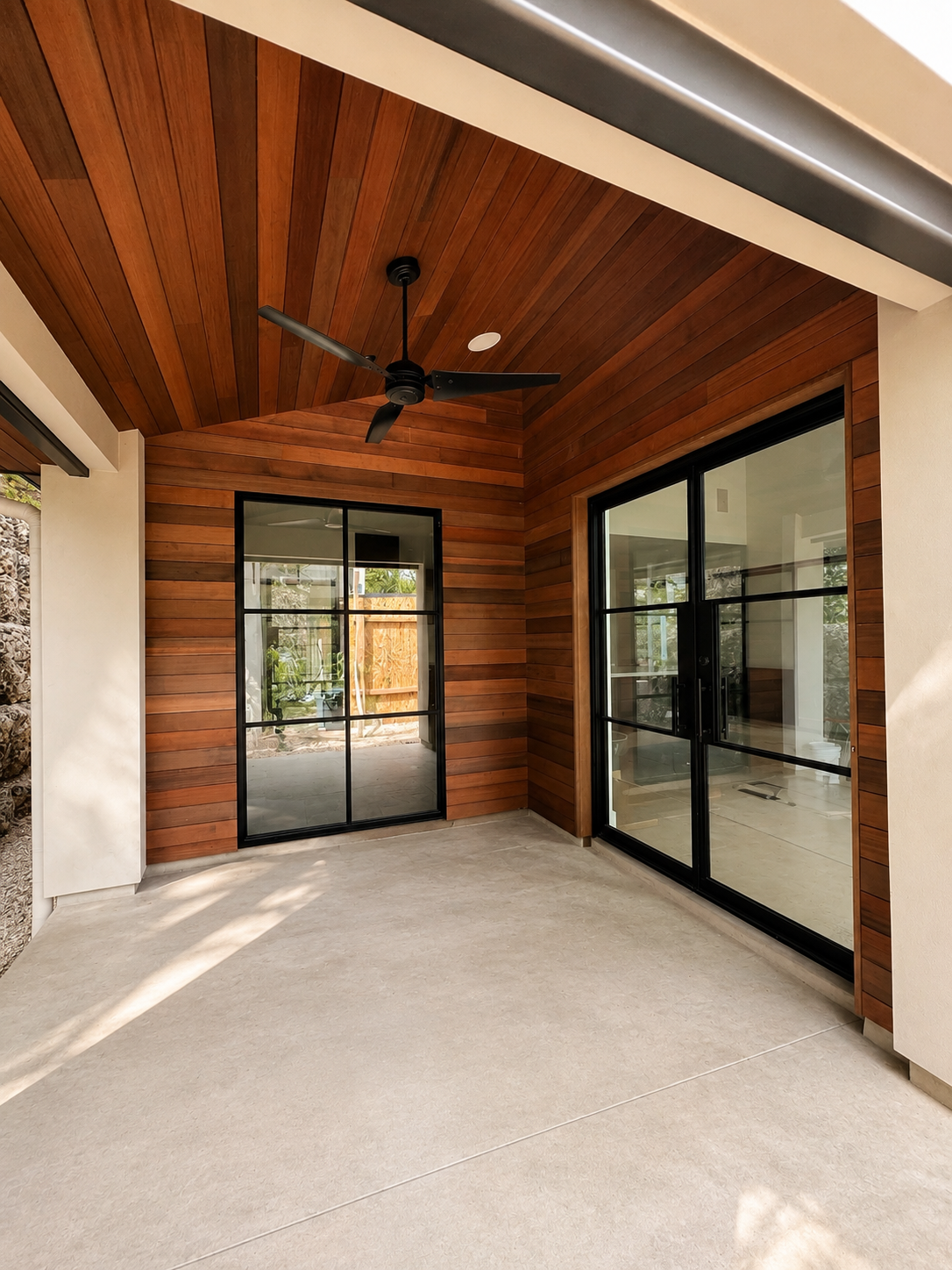 Stain-grade wood cladding and tongue-and-groove ceiling on a covered outdoor living space