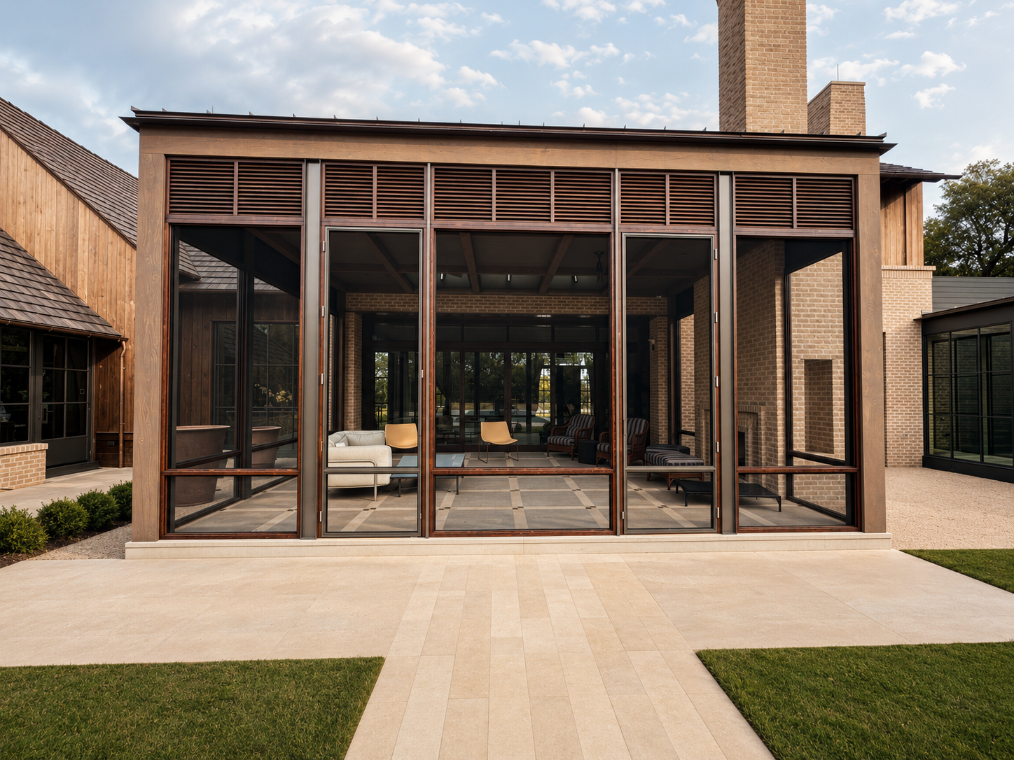 Stain-grade beam band over steel windows with paneled wainscot in a Hill Country sunroom